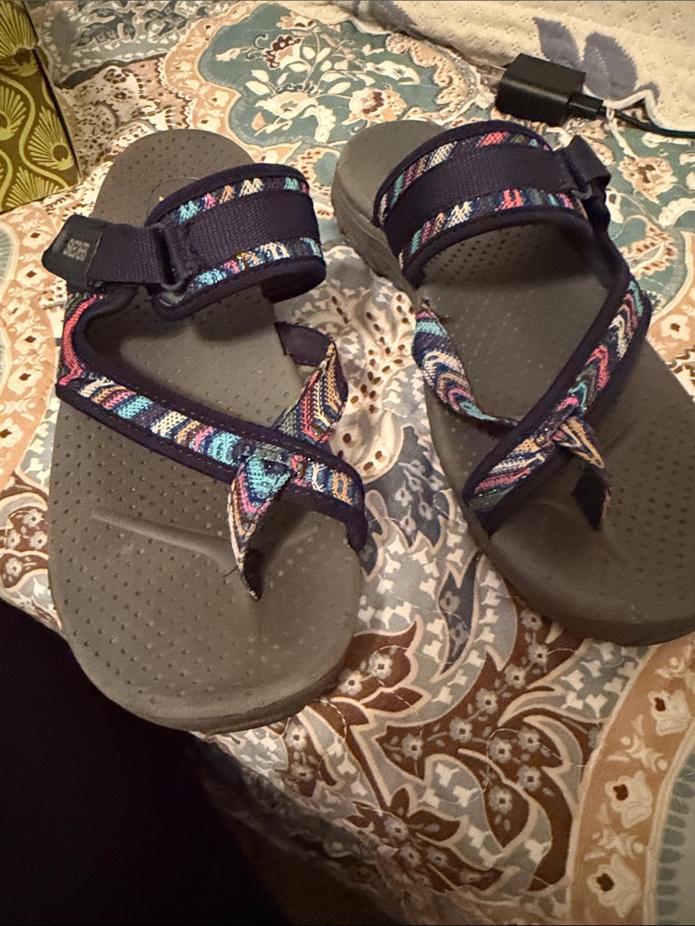 Skechers Navy Strappy Sandals with Multicolor Woven Accents
